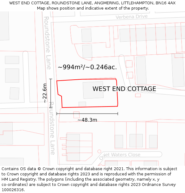 WEST END COTTAGE, ROUNDSTONE LANE, ANGMERING, LITTLEHAMPTON, BN16 4AX: Plot and title map