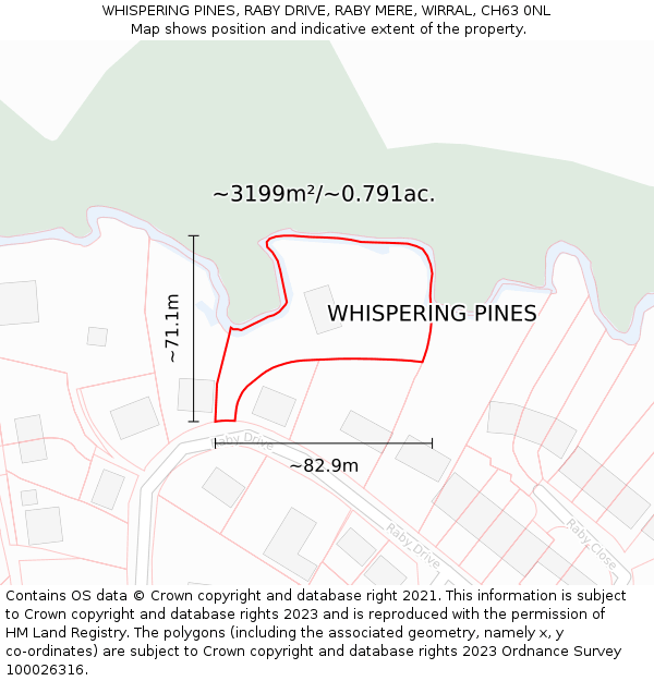 WHISPERING PINES, RABY DRIVE, RABY MERE, WIRRAL, CH63 0NL: Plot and title map