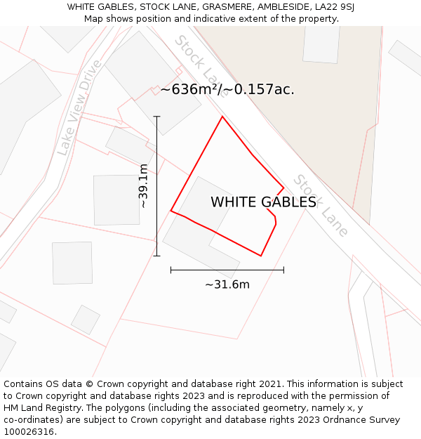 WHITE GABLES, STOCK LANE, GRASMERE, AMBLESIDE, LA22 9SJ: Plot and title map