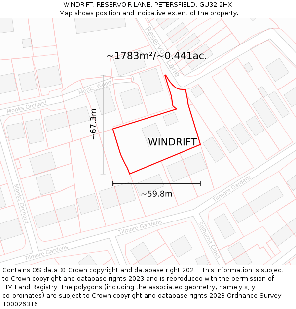 WINDRIFT, RESERVOIR LANE, PETERSFIELD, GU32 2HX: Plot and title map