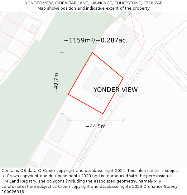 YONDER VIEW, GIBRALTAR LANE, HAWKINGE, FOLKESTONE, CT18 7AE: Plot and title map