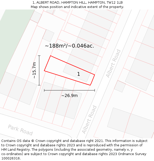 1, ALBERT ROAD, HAMPTON HILL, HAMPTON, TW12 1LB: Plot and title map