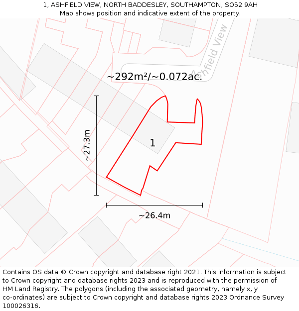 1, ASHFIELD VIEW, NORTH BADDESLEY, SOUTHAMPTON, SO52 9AH: Plot and title map