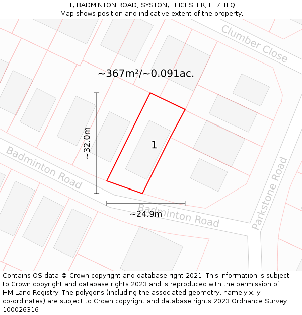 1, BADMINTON ROAD, SYSTON, LEICESTER, LE7 1LQ: Plot and title map