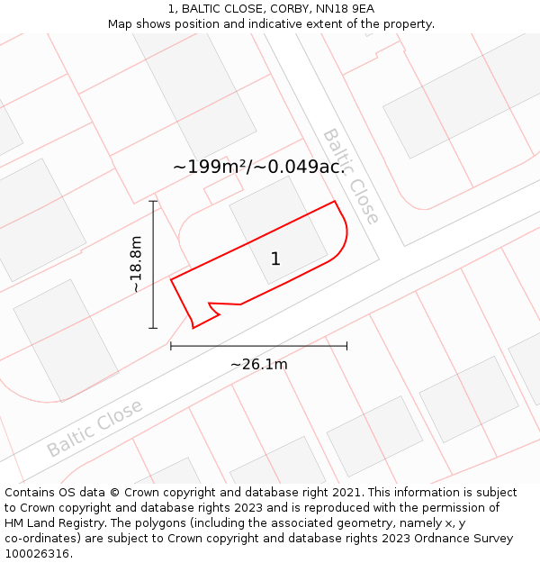 1, BALTIC CLOSE, CORBY, NN18 9EA: Plot and title map