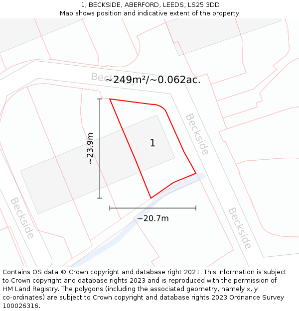 1, BECKSIDE, ABERFORD, LEEDS, LS25 3DD: Plot and title map