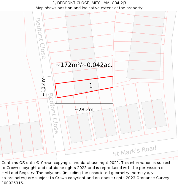1, BEDFONT CLOSE, MITCHAM, CR4 2JR: Plot and title map