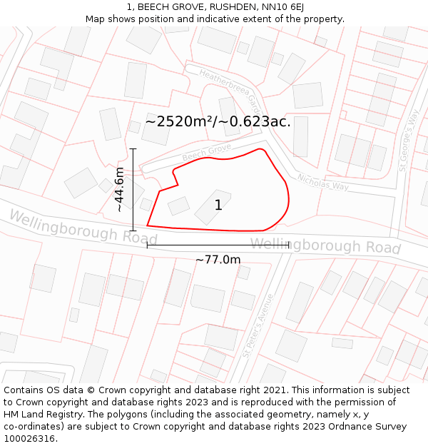 1, BEECH GROVE, RUSHDEN, NN10 6EJ: Plot and title map