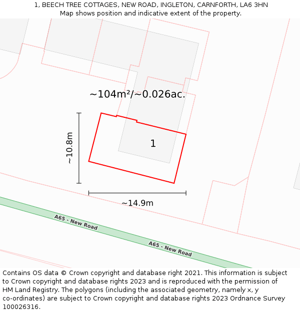 1, BEECH TREE COTTAGES, NEW ROAD, INGLETON, CARNFORTH, LA6 3HN: Plot and title map