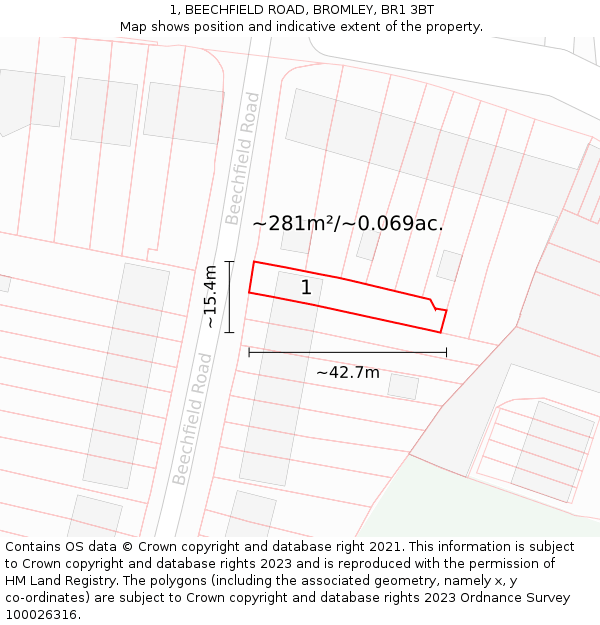 1, BEECHFIELD ROAD, BROMLEY, BR1 3BT: Plot and title map
