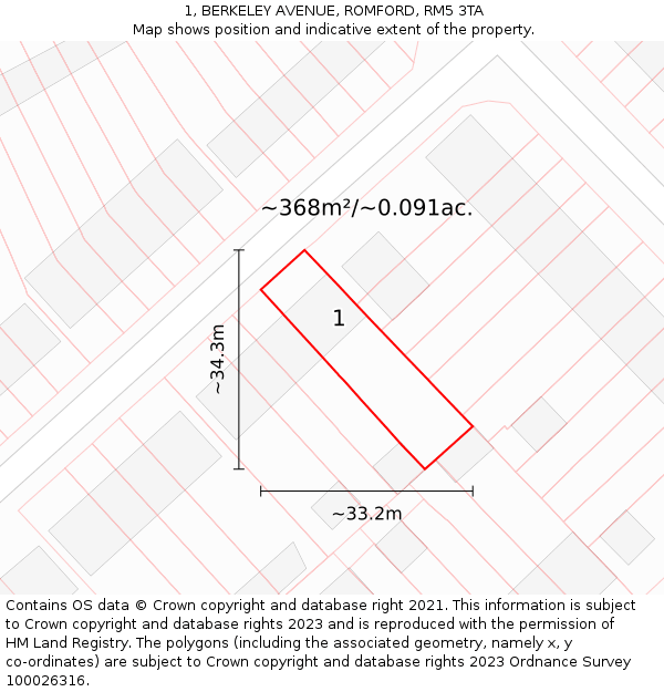 1, BERKELEY AVENUE, ROMFORD, RM5 3TA: Plot and title map