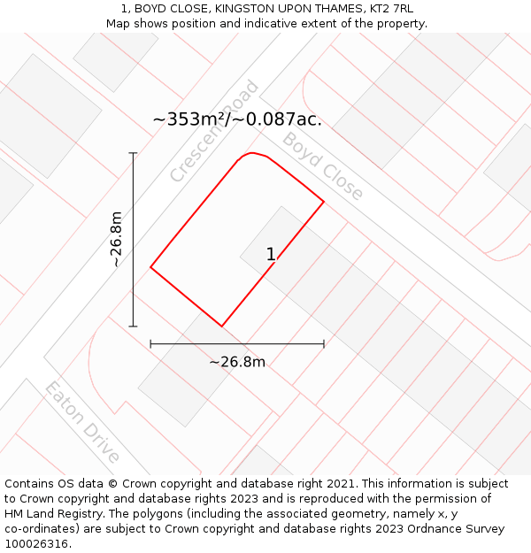 1, BOYD CLOSE, KINGSTON UPON THAMES, KT2 7RL: Plot and title map