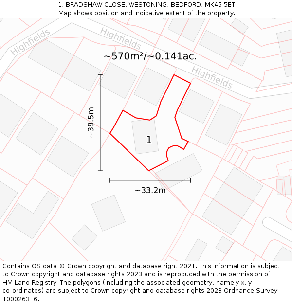 1, BRADSHAW CLOSE, WESTONING, BEDFORD, MK45 5ET: Plot and title map