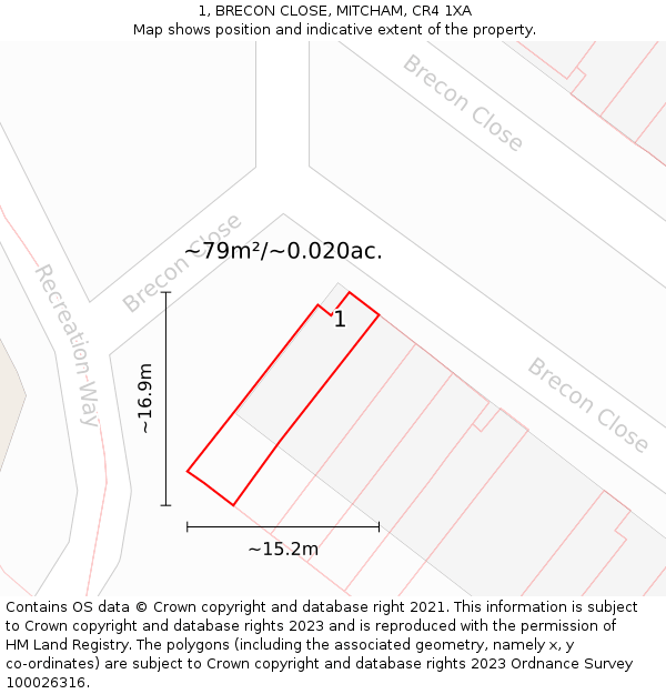 1, BRECON CLOSE, MITCHAM, CR4 1XA: Plot and title map