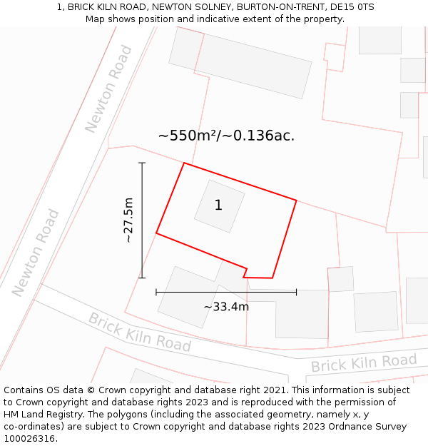 1, BRICK KILN ROAD, NEWTON SOLNEY, BURTON-ON-TRENT, DE15 0TS: Plot and title map