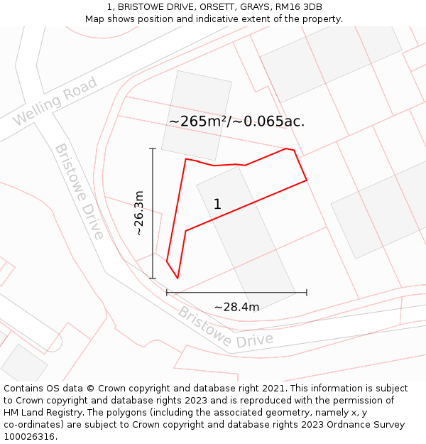 1, BRISTOWE DRIVE, ORSETT, GRAYS, RM16 3DB: Plot and title map