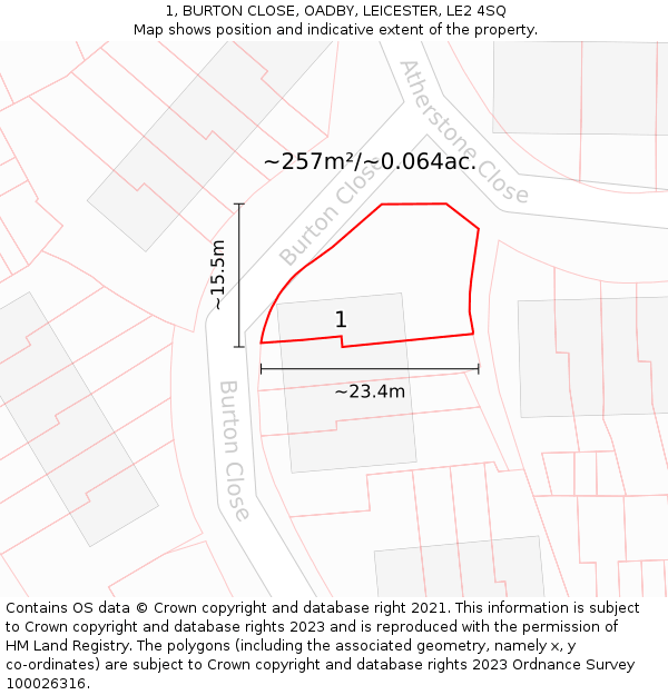 1, BURTON CLOSE, OADBY, LEICESTER, LE2 4SQ: Plot and title map