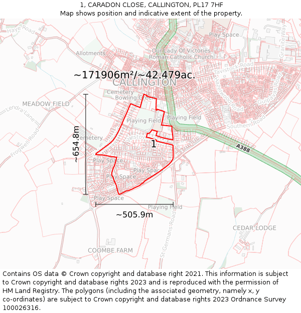 1, CARADON CLOSE, CALLINGTON, PL17 7HF: Plot and title map