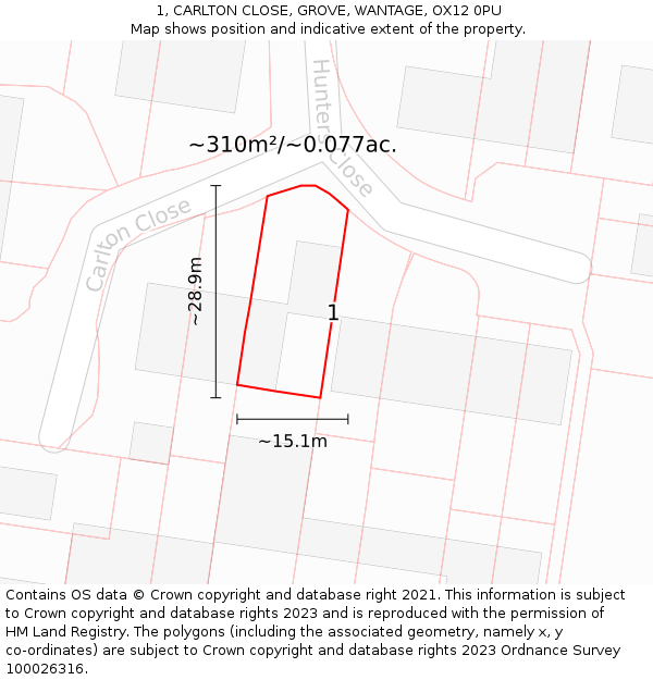 1, CARLTON CLOSE, GROVE, WANTAGE, OX12 0PU: Plot and title map