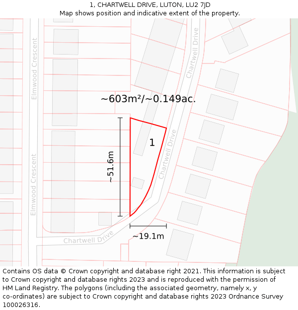 1, CHARTWELL DRIVE, LUTON, LU2 7JD: Plot and title map
