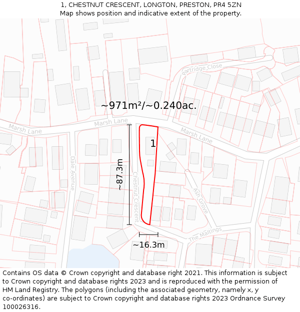 1, CHESTNUT CRESCENT, LONGTON, PRESTON, PR4 5ZN: Plot and title map