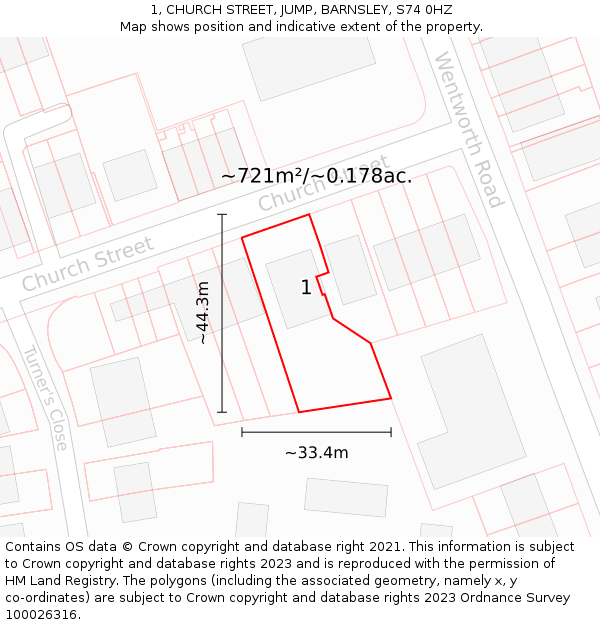 1, CHURCH STREET, JUMP, BARNSLEY, S74 0HZ: Plot and title map