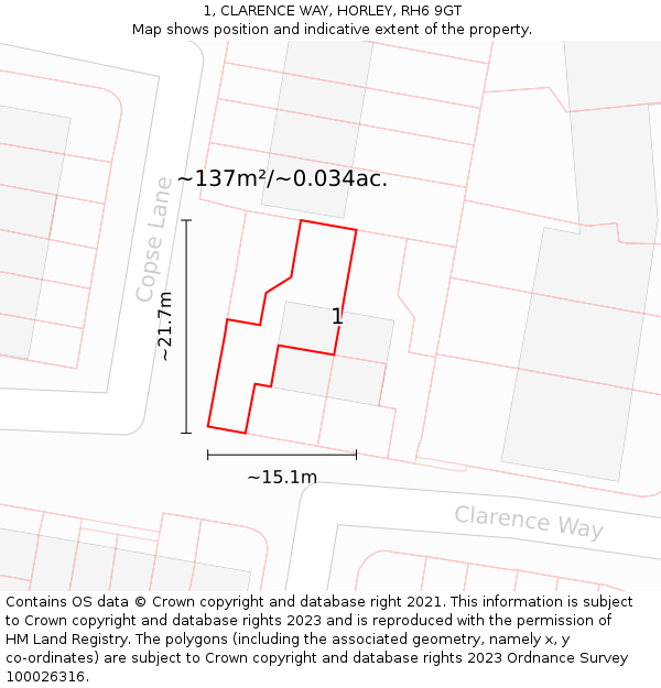 1, CLARENCE WAY, HORLEY, RH6 9GT: Plot and title map