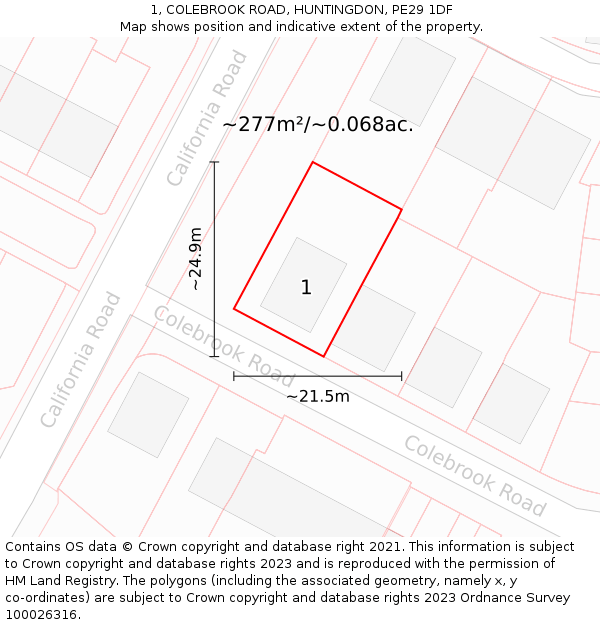 1, COLEBROOK ROAD, HUNTINGDON, PE29 1DF: Plot and title map