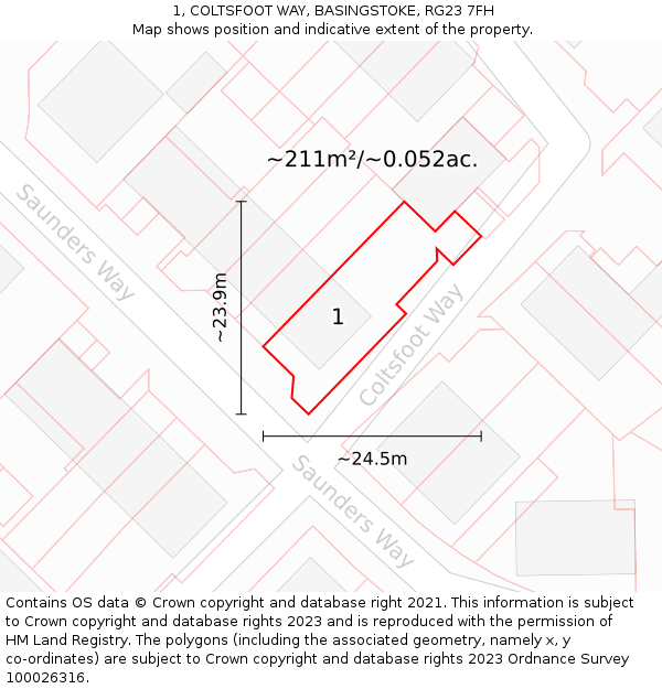 1, COLTSFOOT WAY, BASINGSTOKE, RG23 7FH: Plot and title map