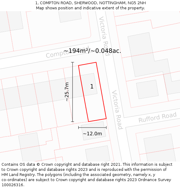 1, COMPTON ROAD, SHERWOOD, NOTTINGHAM, NG5 2NH: Plot and title map