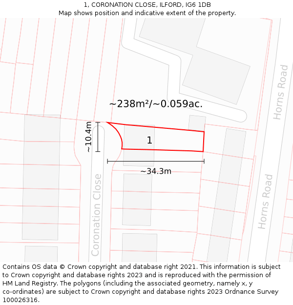 1, CORONATION CLOSE, ILFORD, IG6 1DB: Plot and title map
