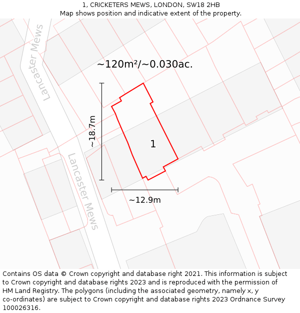 1, CRICKETERS MEWS, LONDON, SW18 2HB: Plot and title map