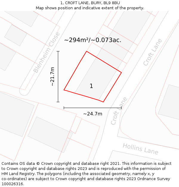 1, CROFT LANE, BURY, BL9 8BU: Plot and title map