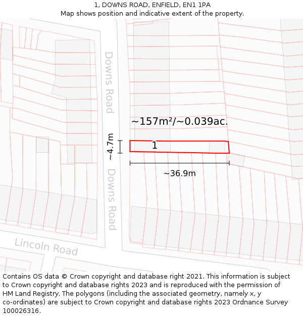 1, DOWNS ROAD, ENFIELD, EN1 1PA: Plot and title map