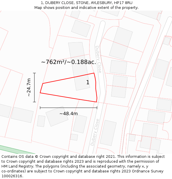 1, DUBERY CLOSE, STONE, AYLESBURY, HP17 8RU: Plot and title map