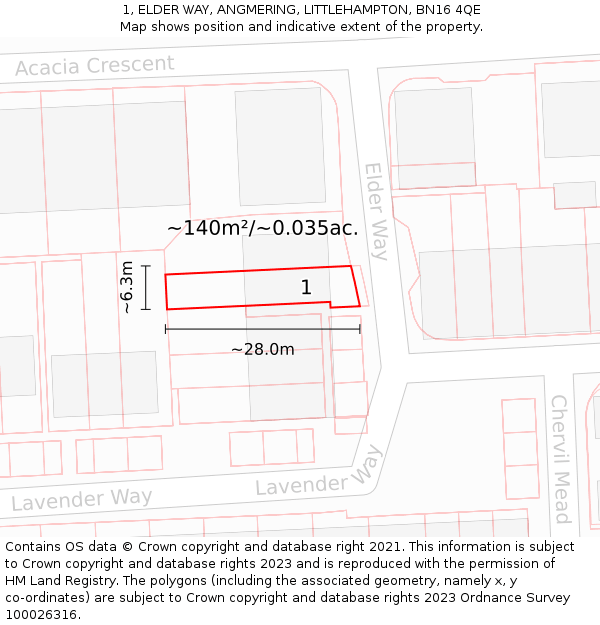 1, ELDER WAY, ANGMERING, LITTLEHAMPTON, BN16 4QE: Plot and title map