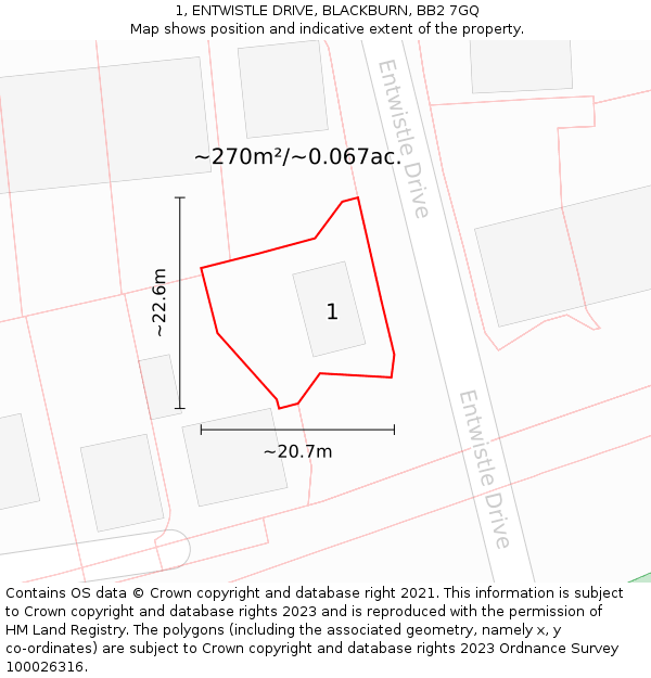 1, ENTWISTLE DRIVE, BLACKBURN, BB2 7GQ: Plot and title map