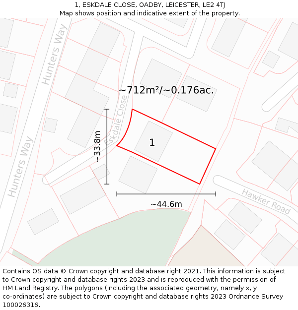 1, ESKDALE CLOSE, OADBY, LEICESTER, LE2 4TJ: Plot and title map