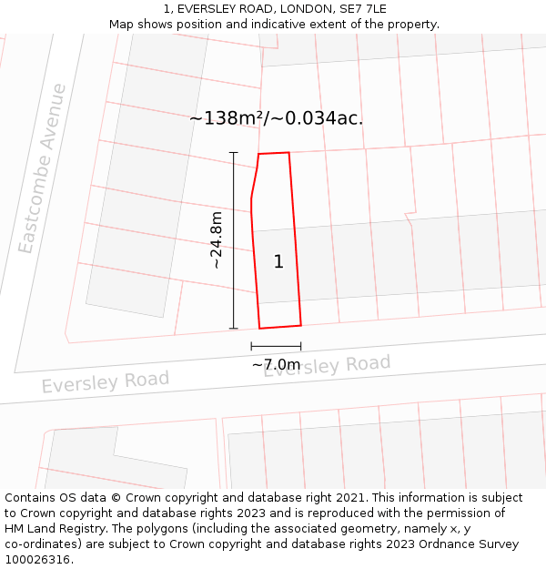 1, EVERSLEY ROAD, LONDON, SE7 7LE: Plot and title map