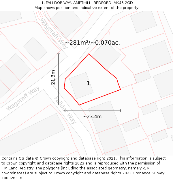 1, FALLDOR WAY, AMPTHILL, BEDFORD, MK45 2GD: Plot and title map