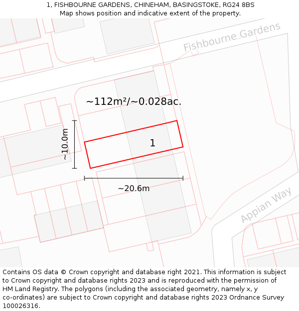 1, FISHBOURNE GARDENS, CHINEHAM, BASINGSTOKE, RG24 8BS: Plot and title map