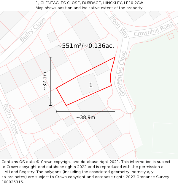 1, GLENEAGLES CLOSE, BURBAGE, HINCKLEY, LE10 2GW: Plot and title map