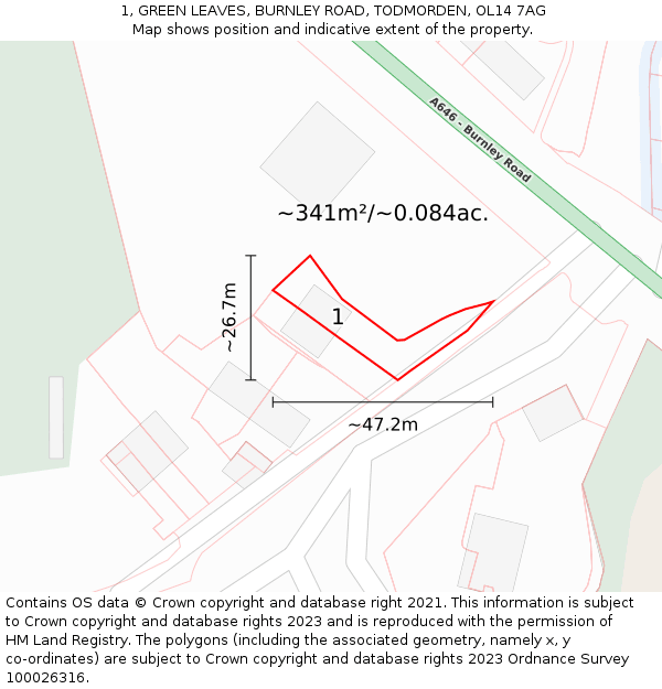 1, GREEN LEAVES, BURNLEY ROAD, TODMORDEN, OL14 7AG: Plot and title map