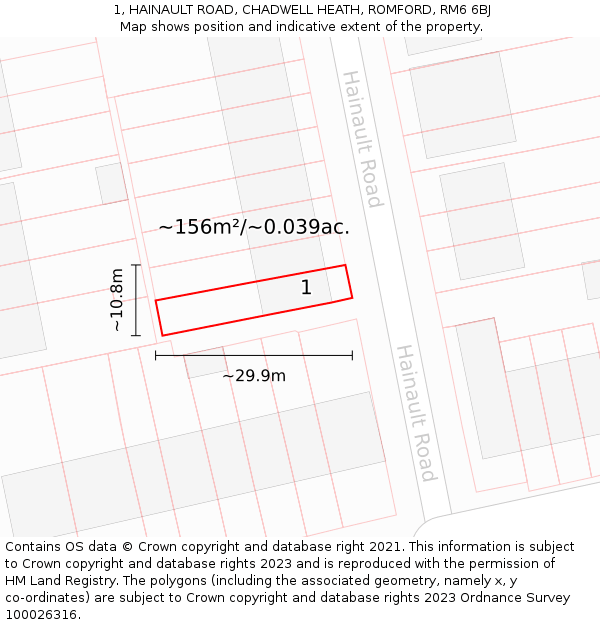 1, HAINAULT ROAD, CHADWELL HEATH, ROMFORD, RM6 6BJ: Plot and title map