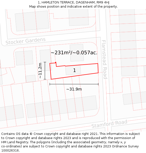1, HAMLETON TERRACE, DAGENHAM, RM9 4HJ: Plot and title map
