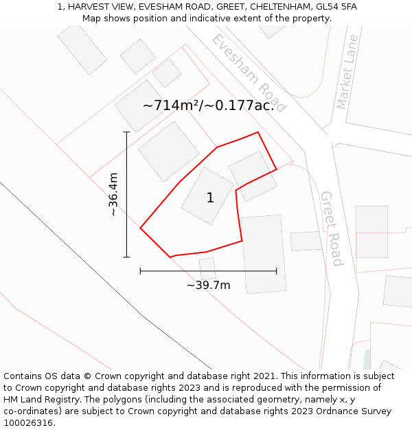 1, HARVEST VIEW, EVESHAM ROAD, GREET, CHELTENHAM, GL54 5FA: Plot and title map