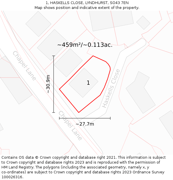 1, HASKELLS CLOSE, LYNDHURST, SO43 7EN: Plot and title map
