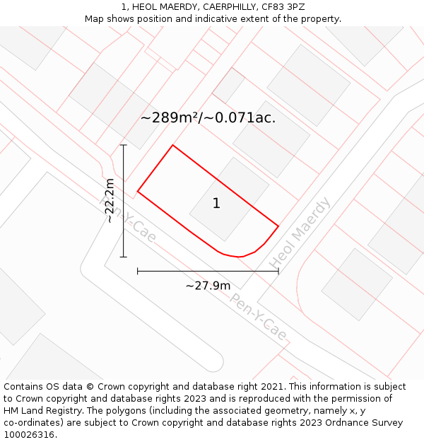 1, HEOL MAERDY, CAERPHILLY, CF83 3PZ: Plot and title map