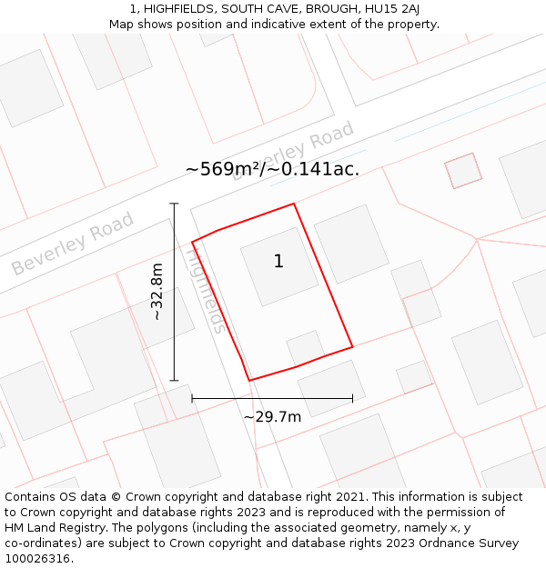 1, HIGHFIELDS, SOUTH CAVE, BROUGH, HU15 2AJ: Plot and title map