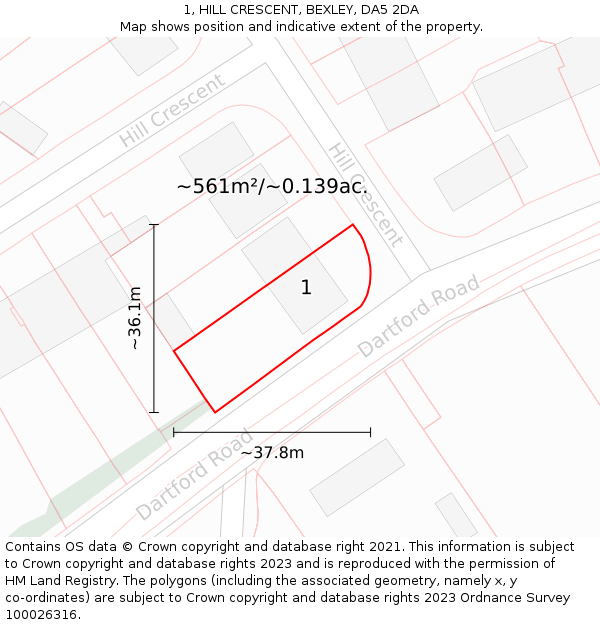 1, HILL CRESCENT, BEXLEY, DA5 2DA: Plot and title map